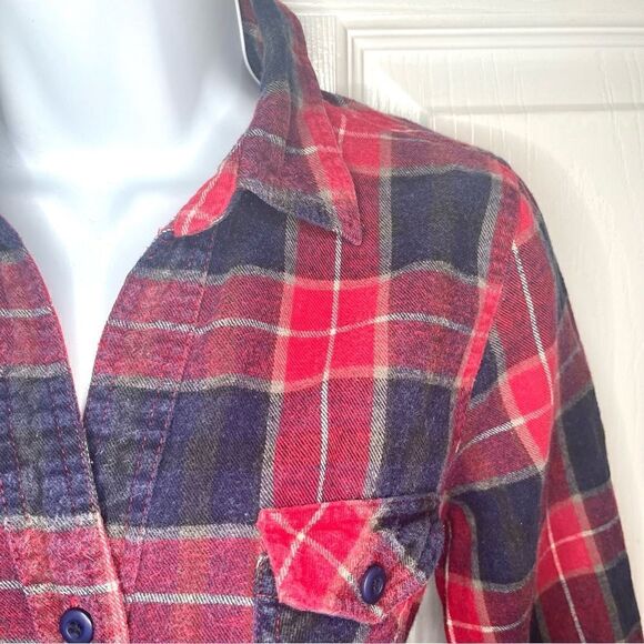 Forever 21 Navy Red Cotton Plaid Button Down Tie Front Top M - Picture 5 of 13